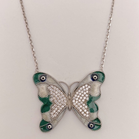Jewelry - Green butterfly 925 silver evil eye eyes necklace handmade enamel cz stones